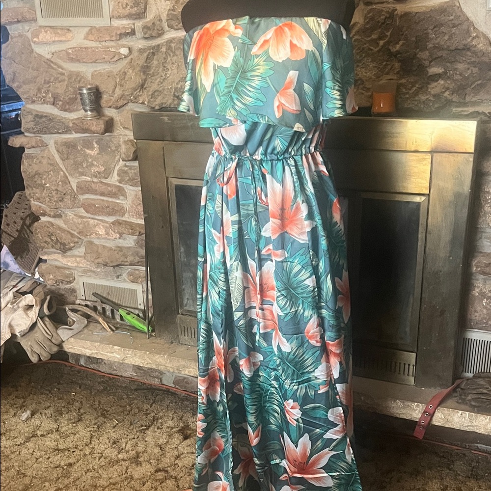 Tropical Strapless Maxi Dress - Teal and Coral